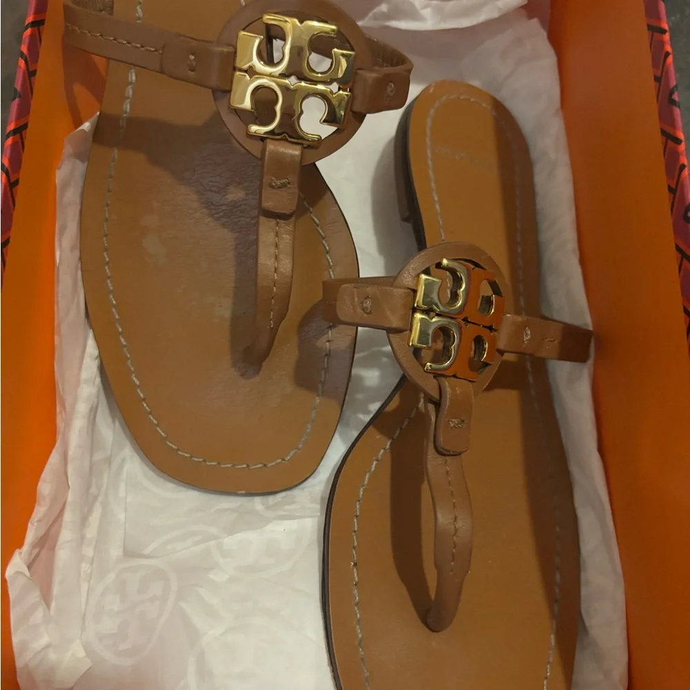 Tory Burch Tan Miller Thong Sandals with Gold Logo
